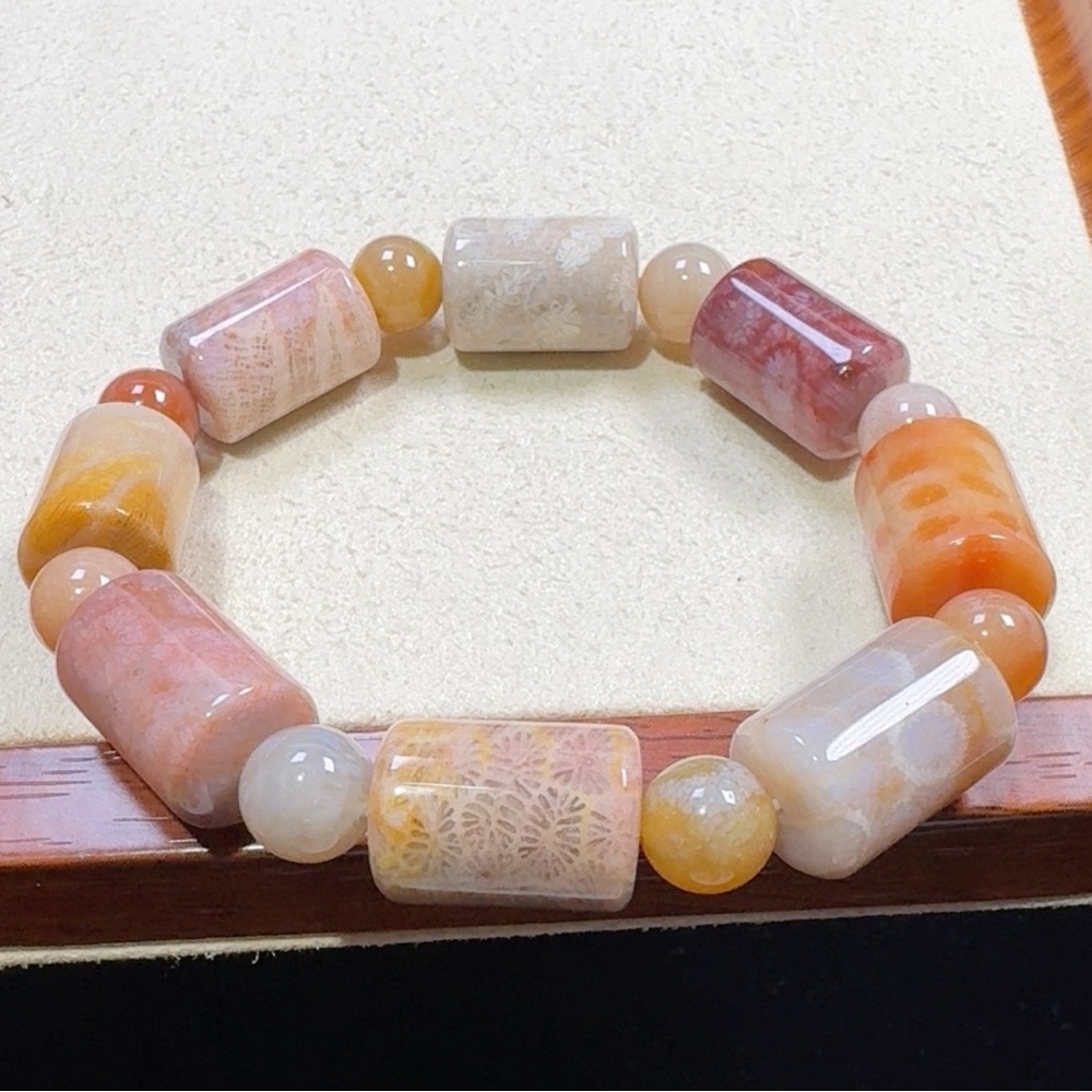 Coral Jade Barrel Beads Bracelet 6.75 inch 12mm